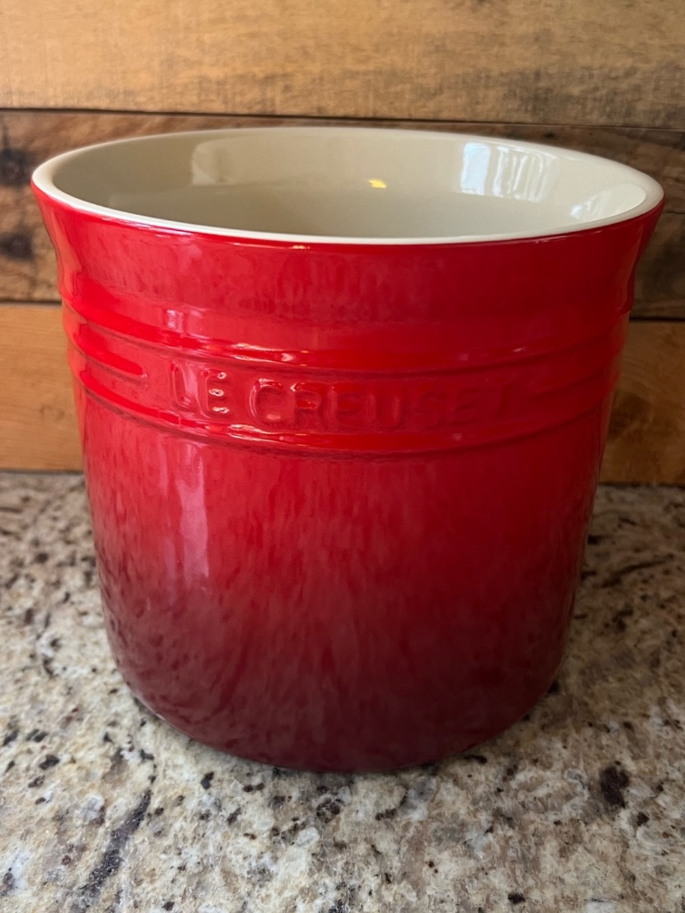 Le Creuset Red Stoneware Crock / Utensil Holder with Cream Interior